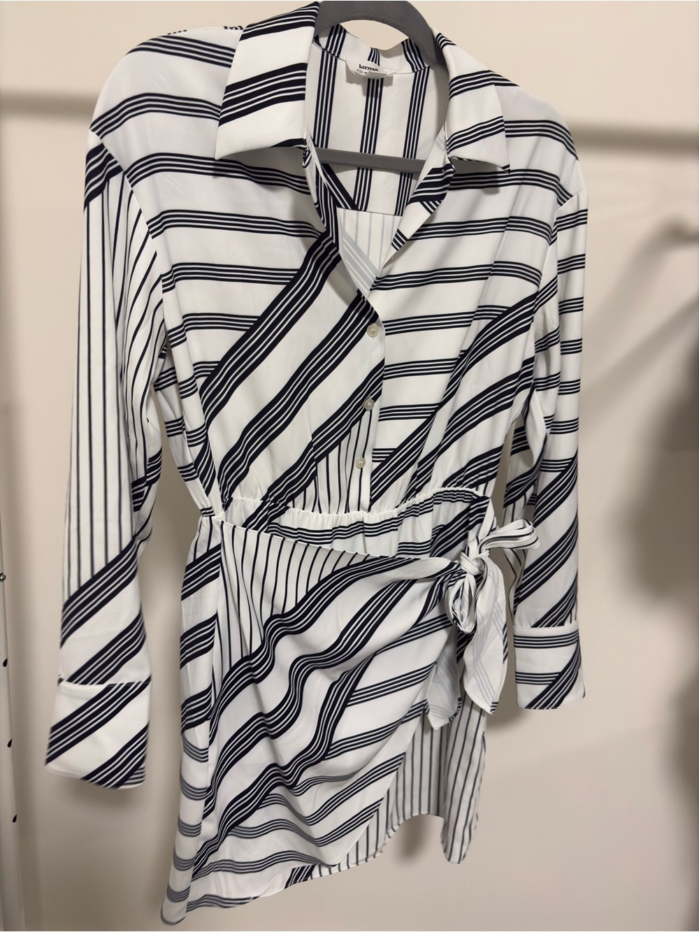 Striped Tie-Waist Mini Dress in White and Navy from Kerrently The Drop